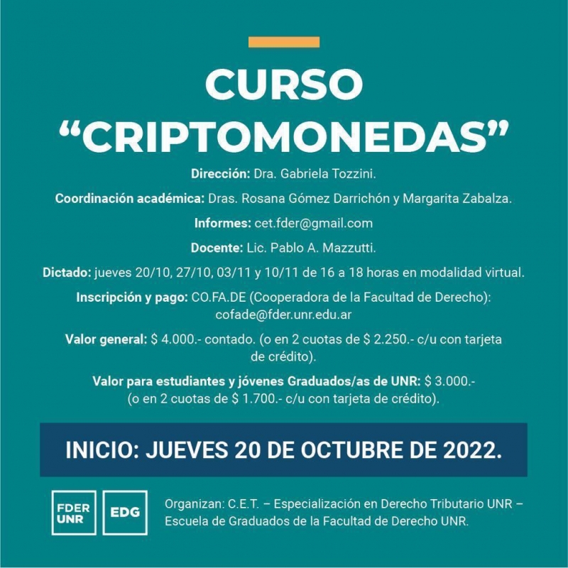 CURSO “CRIPTOMONEDAS” - 20/10/2022 - 27/10/2022 - 03/11/2022 - 10/11/2022
